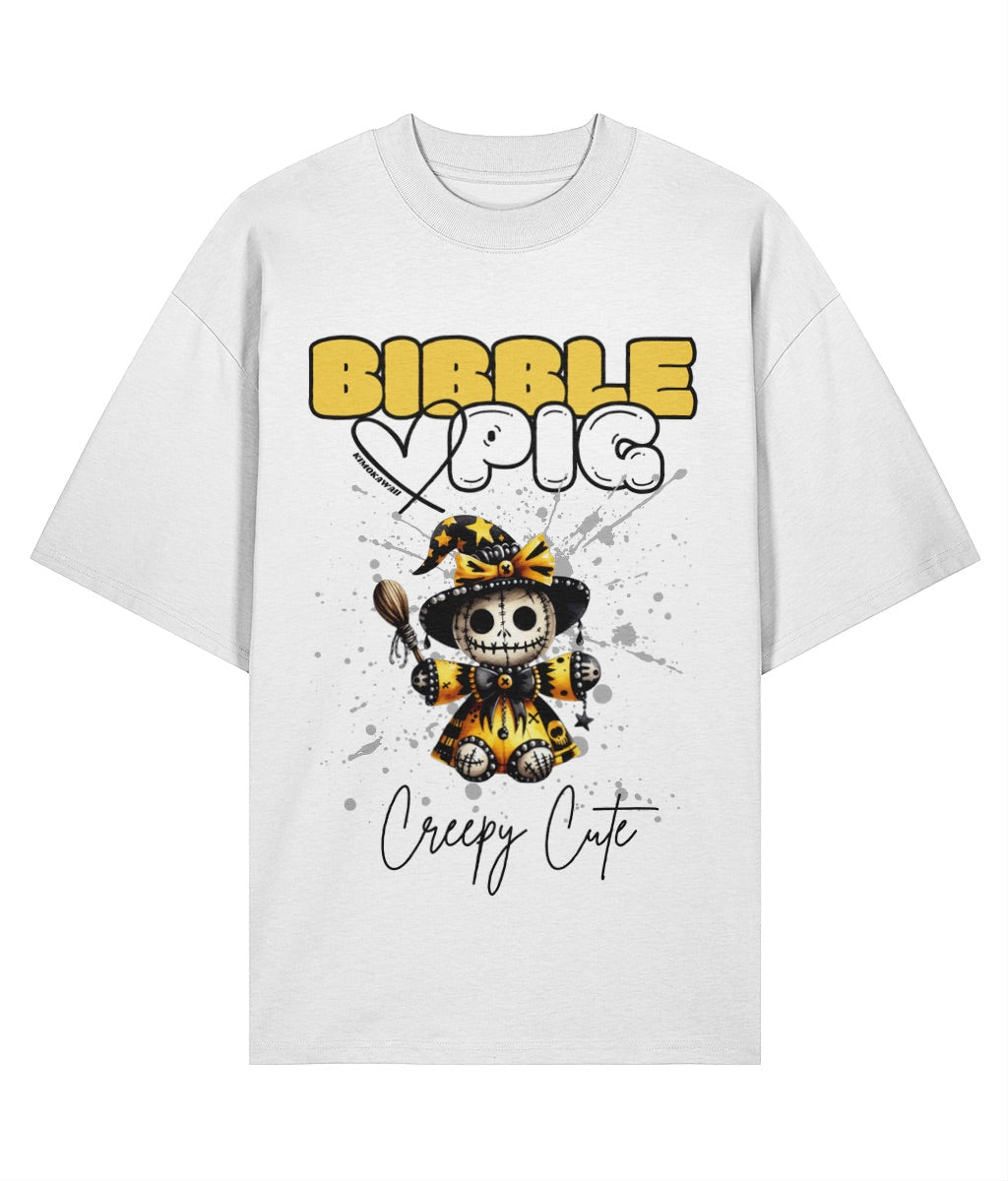 White organic cotton t-shirt with bold voodoo doll graphic and Bibble Pig Logo.