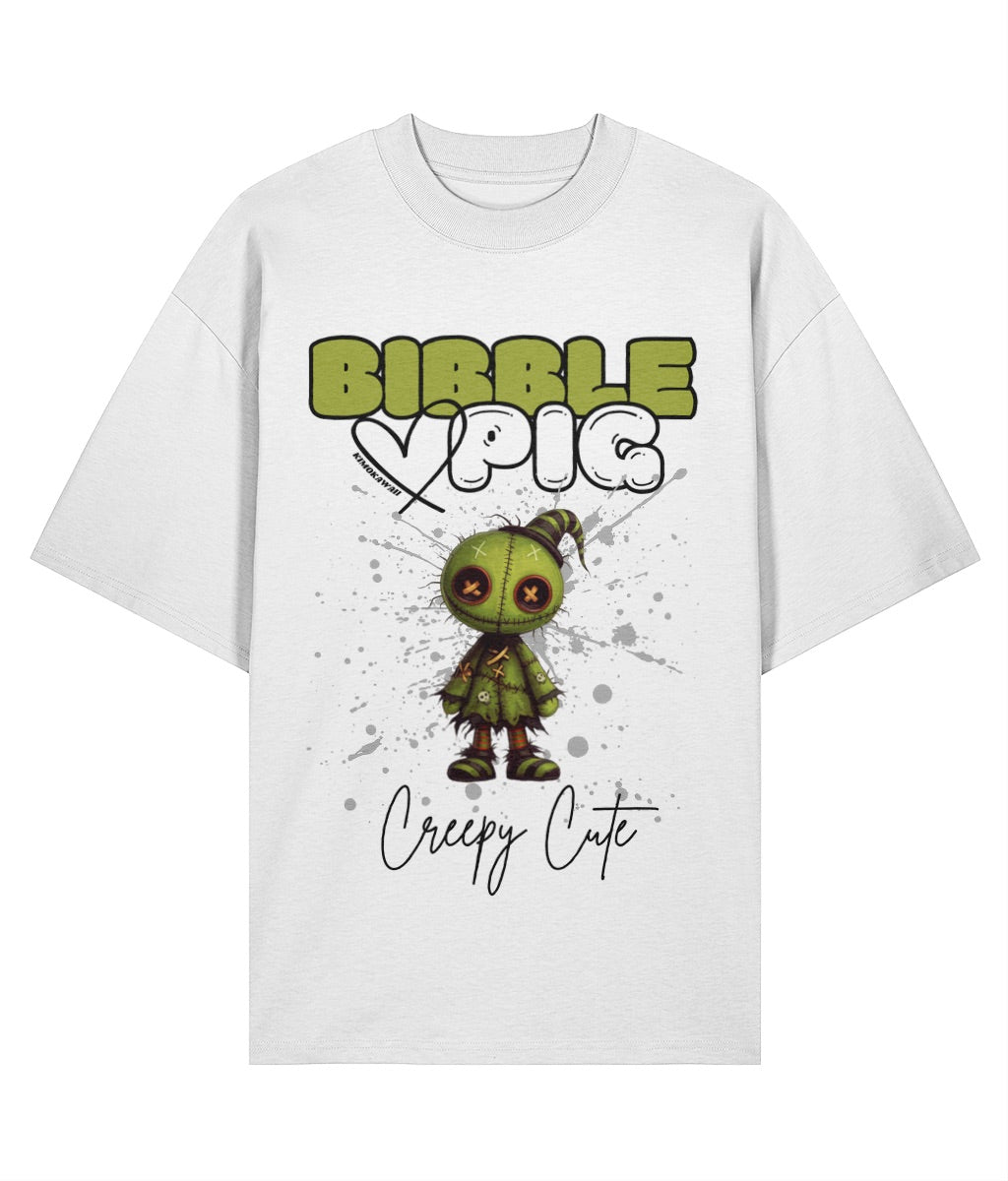 Front view of a white oversized organic t-shirt with our bold Bibble Pig Logo featuring the Creepy Cute Tattered Stitches Voodoo Doll.
