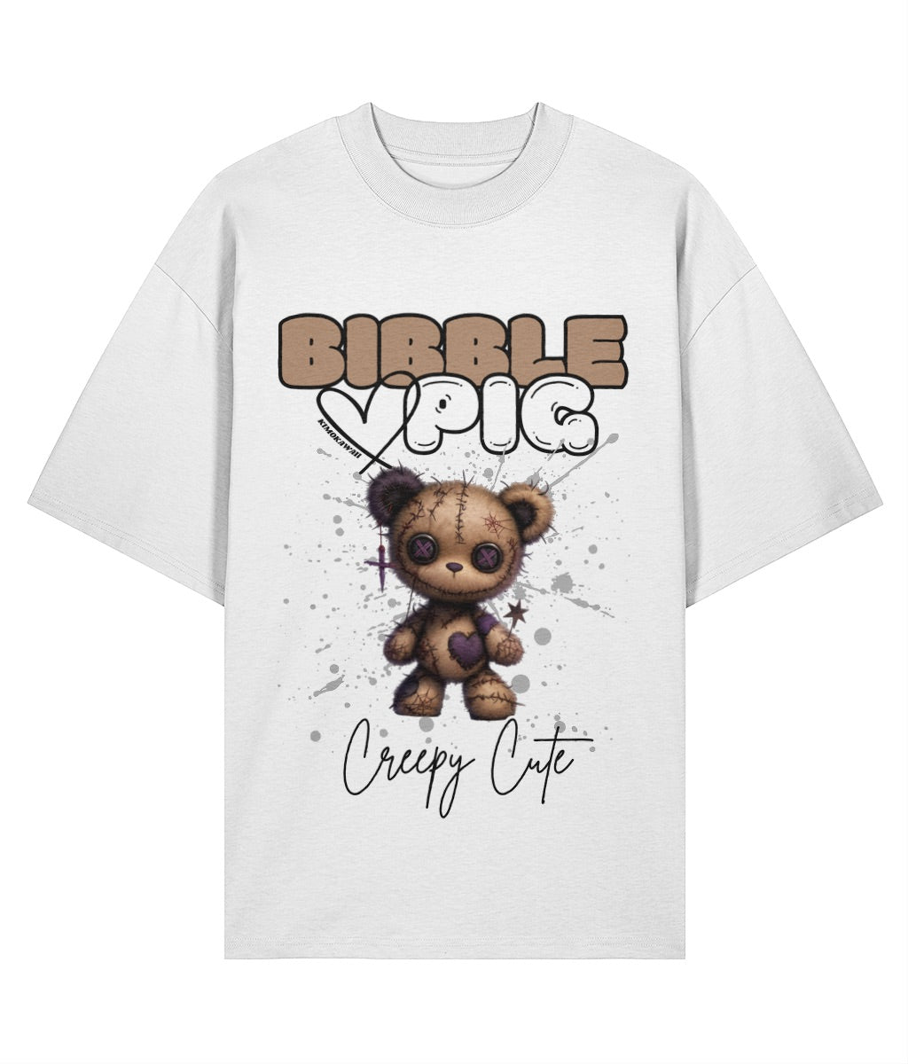 White oversized organic t-shirt with voodoo doll style teddy bear and large bibble pig logo.
