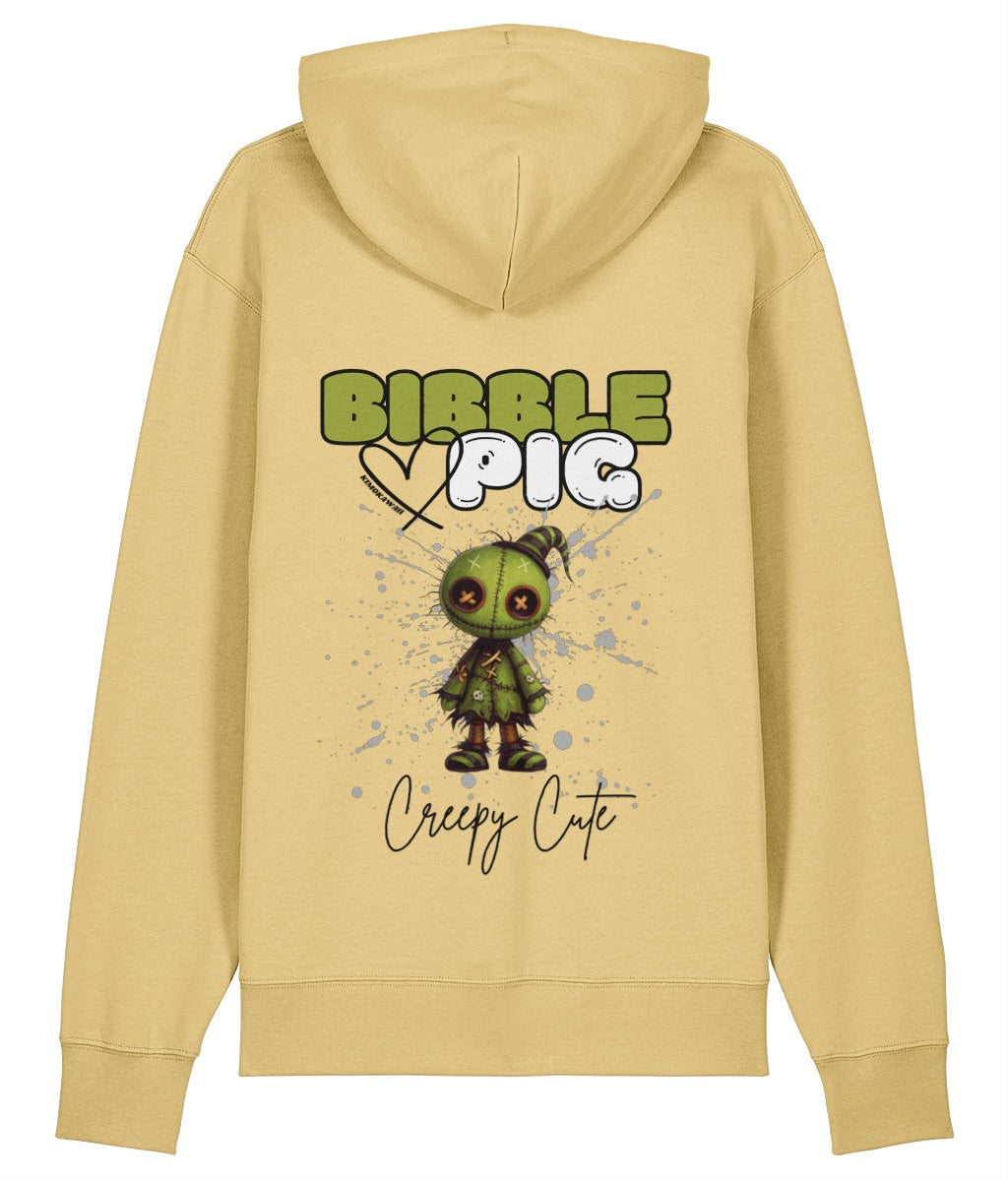 Back view of a yellow oversized organic hoodie with our Bibble Pig Signature Bold Logo and Creepy Cute Tattered Stitches Graphic.  