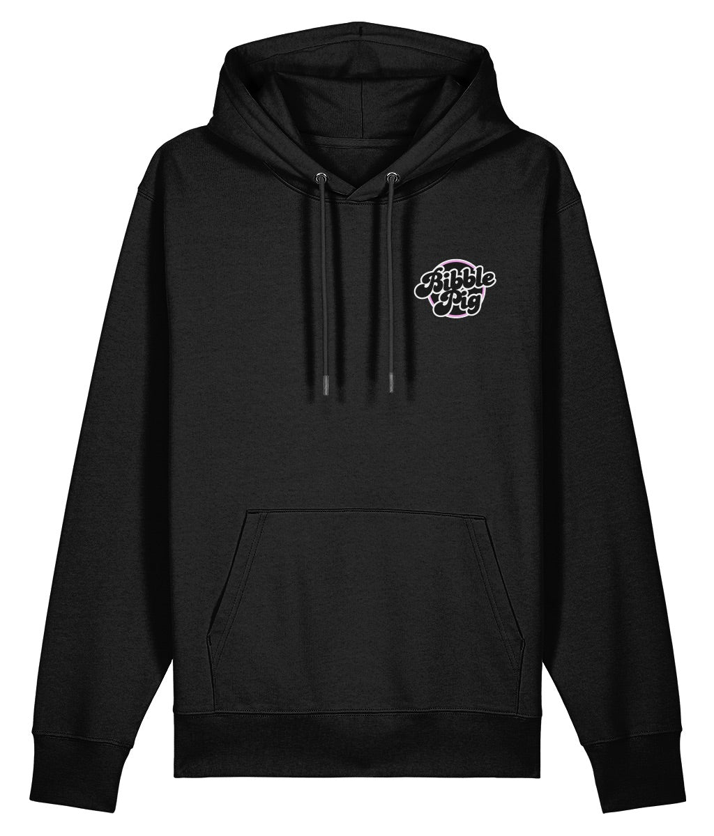 Front view a black oversized organic hoodie with our White Bubblegum Bibble Pig Bold Logo.