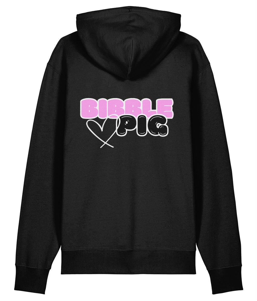 Front view a black oversized organic hoodie with our White Bubblegum Bibble Pig Bold Logo and cute heart design.  