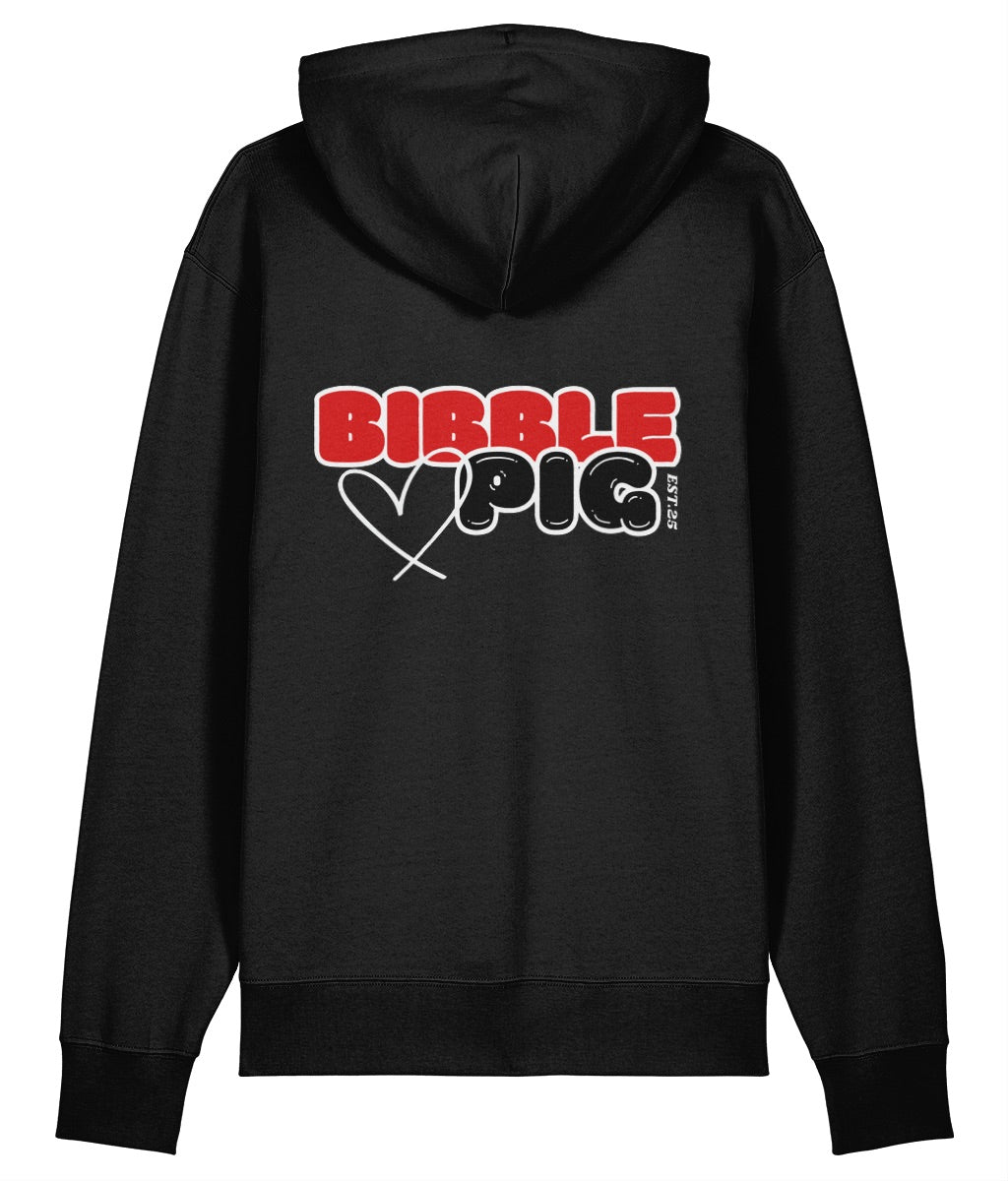 Back view of a black oversized organic hoodie with our Cherry Red and Black Bibble Pig Bold Logo and cute heart design.