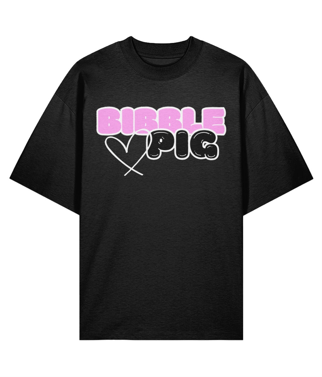 Bibble Pig oversized organic cotton t shirt with bubblegum pink logo, sustainable streetwear UK.