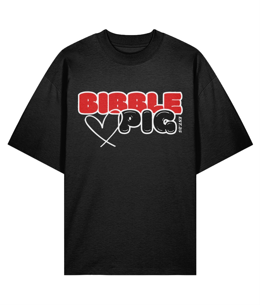 Front view a black oversized organic t-shirt with our Cherry Red Bibble Pig Bold Logo and cute heart design.   