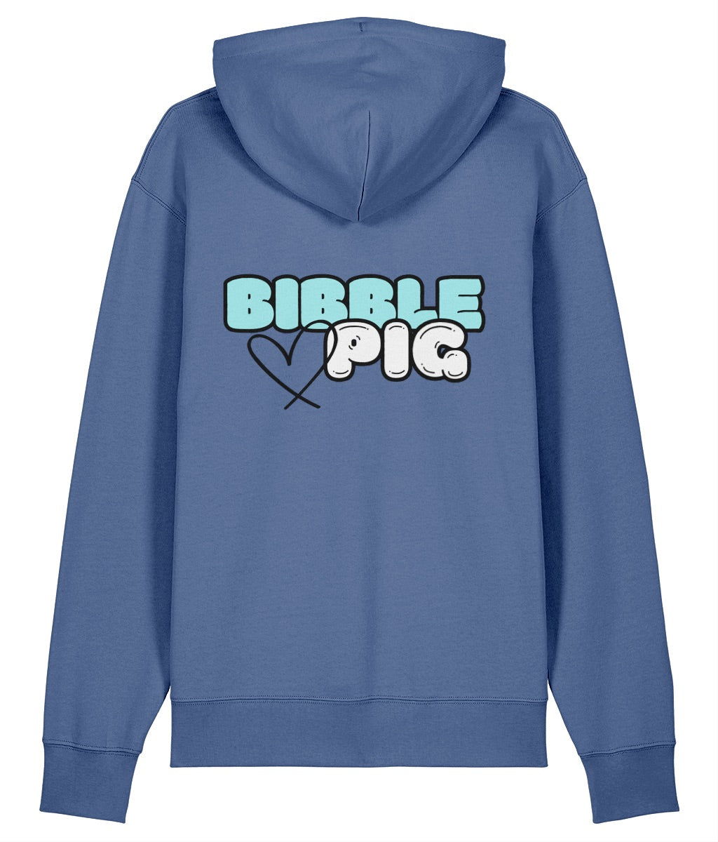 Back view a blue oversized organic hoodie with our Pastel Blue Bibble Pig Bold Logo and cute heart design.  