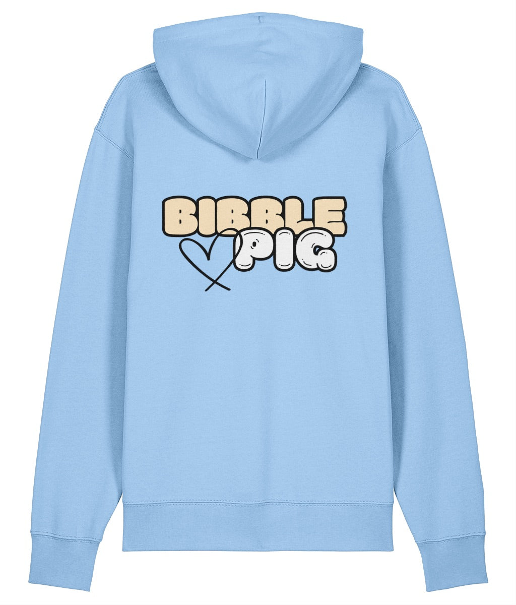 Back view of a blue oversized organic hoodie with our Vanilla Bibble Pig Bold Logo and cute heart design.  