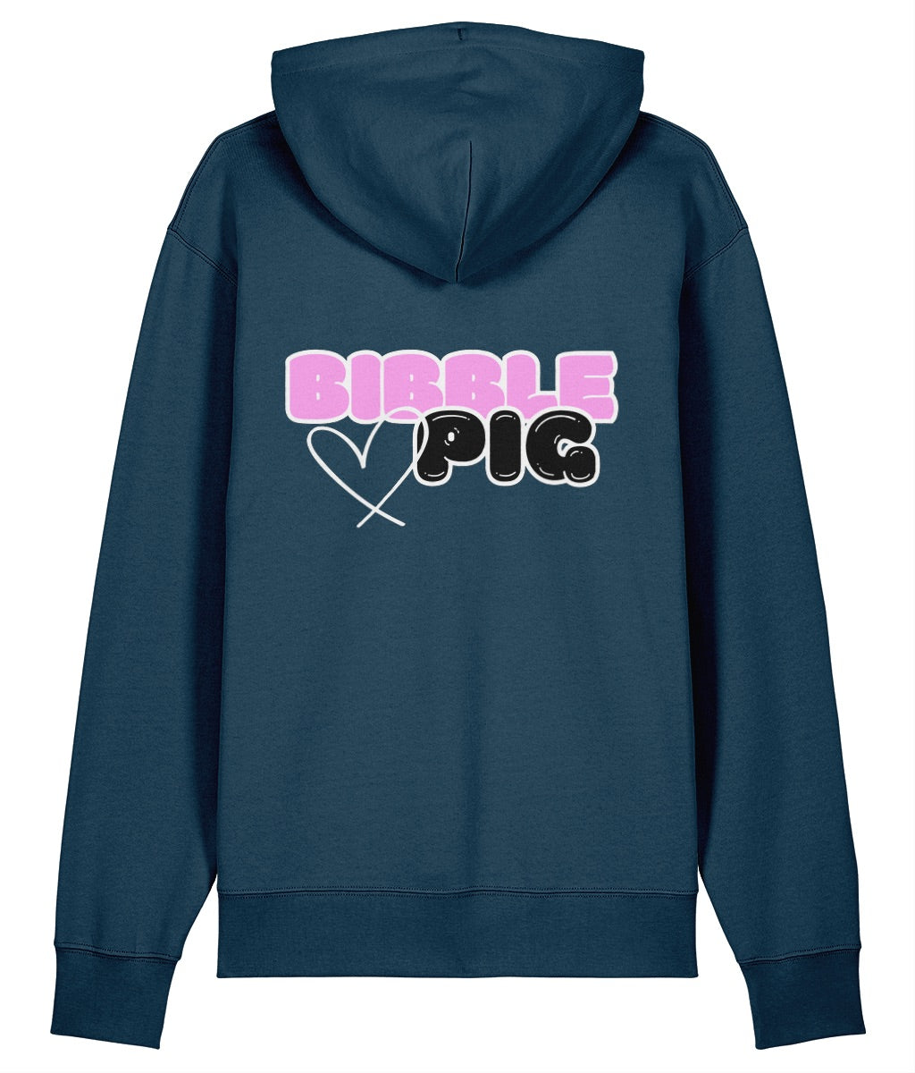 Front view a deep teal oversized organic hoodie with our White Bubblegum Bibble Pig Bold Logo and cute heart design.  