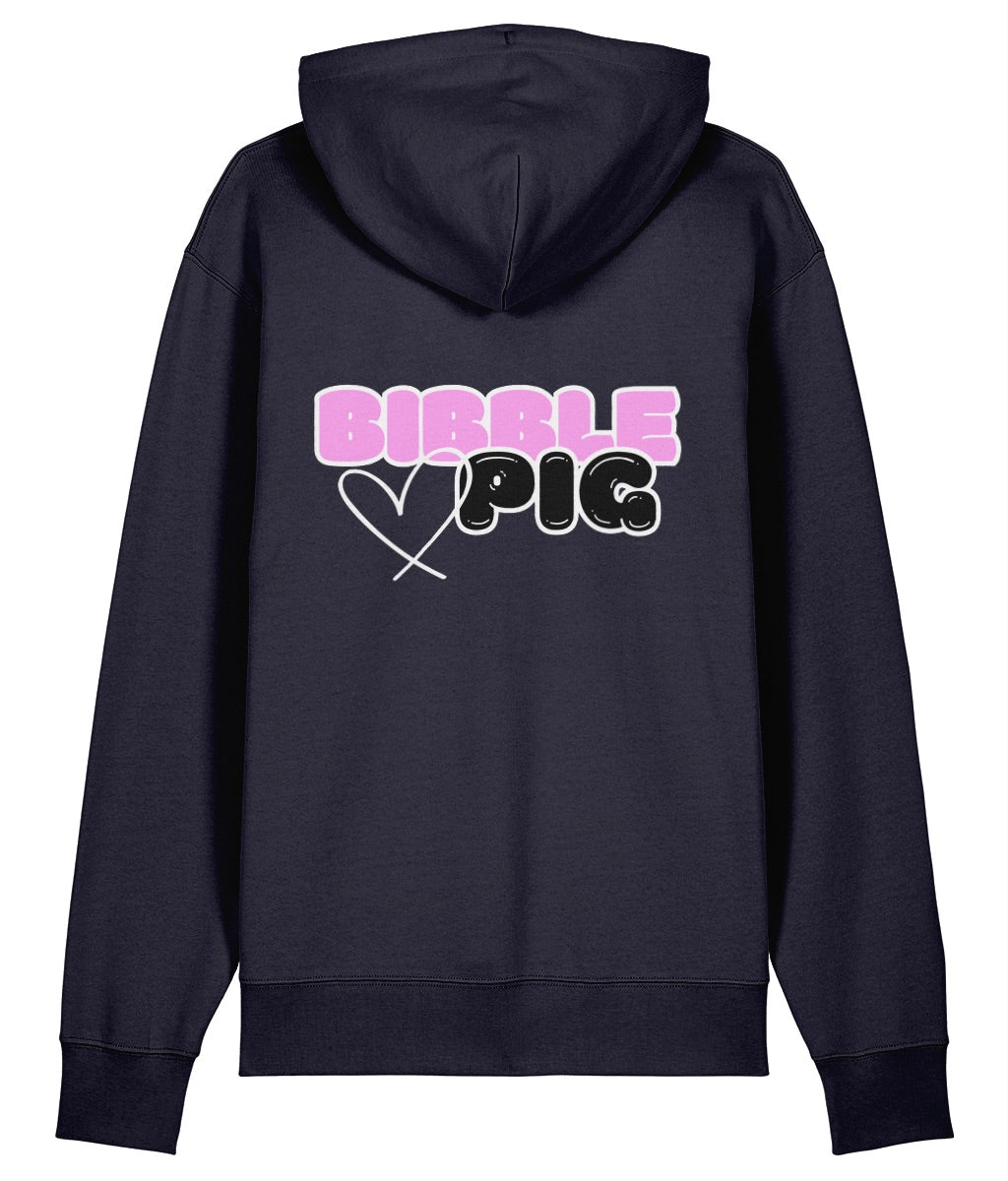 Front view a french navy oversized organic hoodie with our White Bubblegum Bibble Pig Bold Logo and cute heart design.  