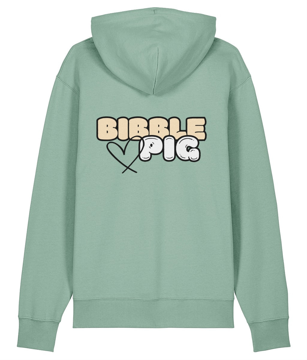 Back view of a green oversized organic hoodie with our Vanilla Bibble Pig Bold Logo and cute heart design.  
