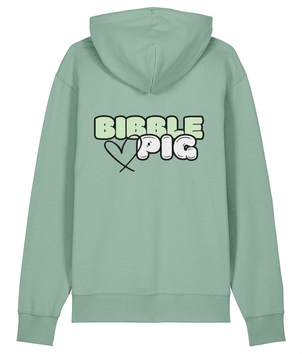 Back view of a green oversized organic hoodie with our Pastel Green Bibble Pig Bold Logo and cute heart design.  