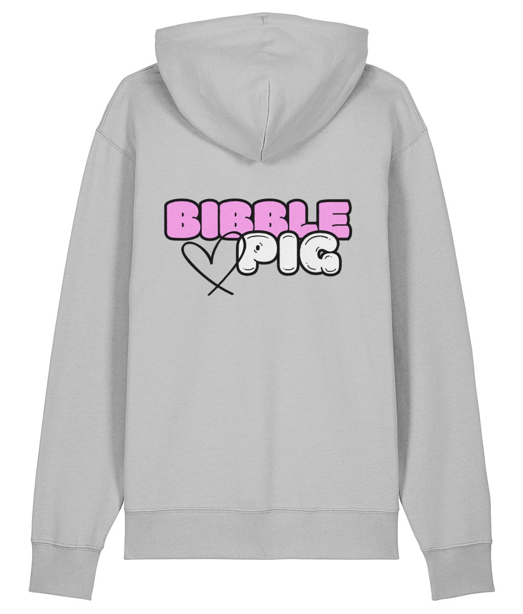 Back view a grey oversized organic hoodie with our Bubblegum Bibble Pig Bold Logo and cute heart design.    