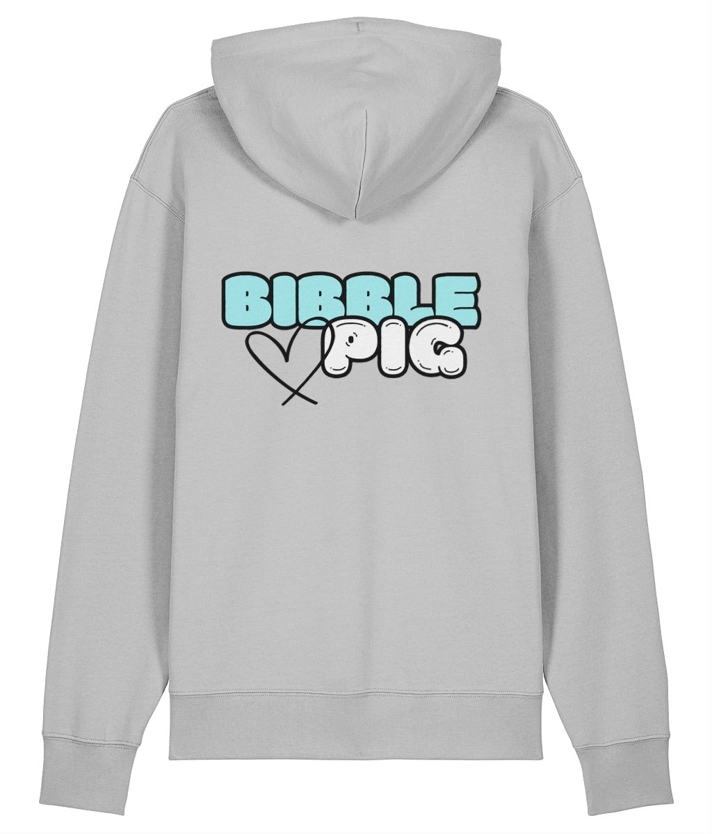Back view a grey oversized organic hoodie with our Pastel Blue Bibble Pig Bold Logo and cute heart design.  