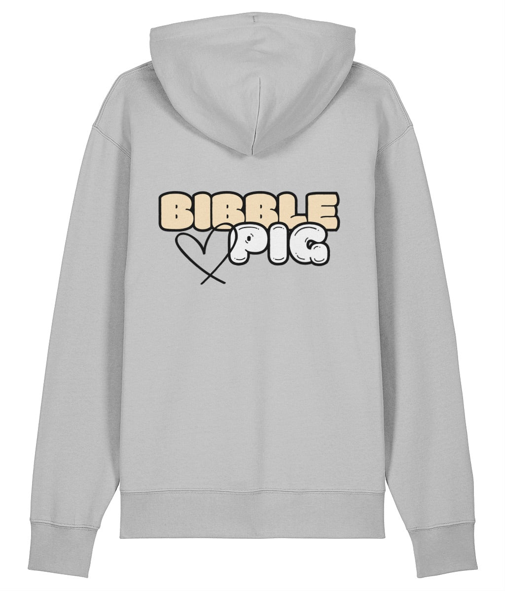 Back view of a grey oversized organic hoodie with our Vanilla Bibble Pig Bold Logo and cute heart design.  