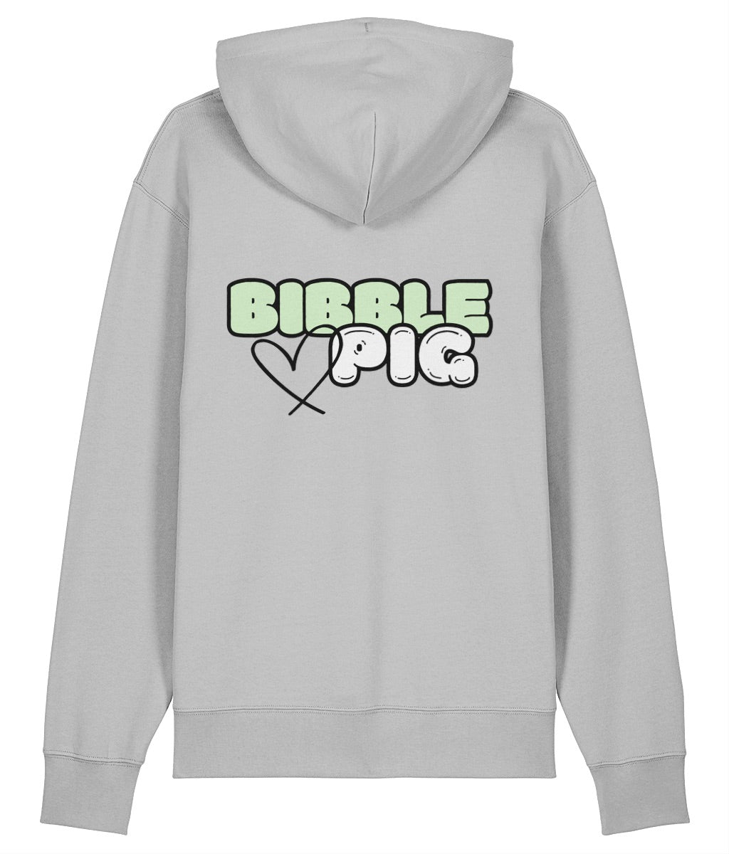Back view of a grey oversized organic hoodie with our Pastel Green Bibble Pig Bold Logo and cute heart design.  