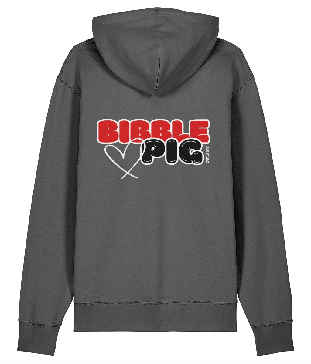 Back view of a grey oversized organic hoodie with our Cherry Red and Black Bibble Pig Bold Logo and cute heart design.  