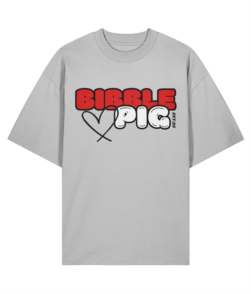 Front view a grey oversized organic t-shirt with our Cherry Red and White Bibble Pig Bold Logo and cute heart design.   