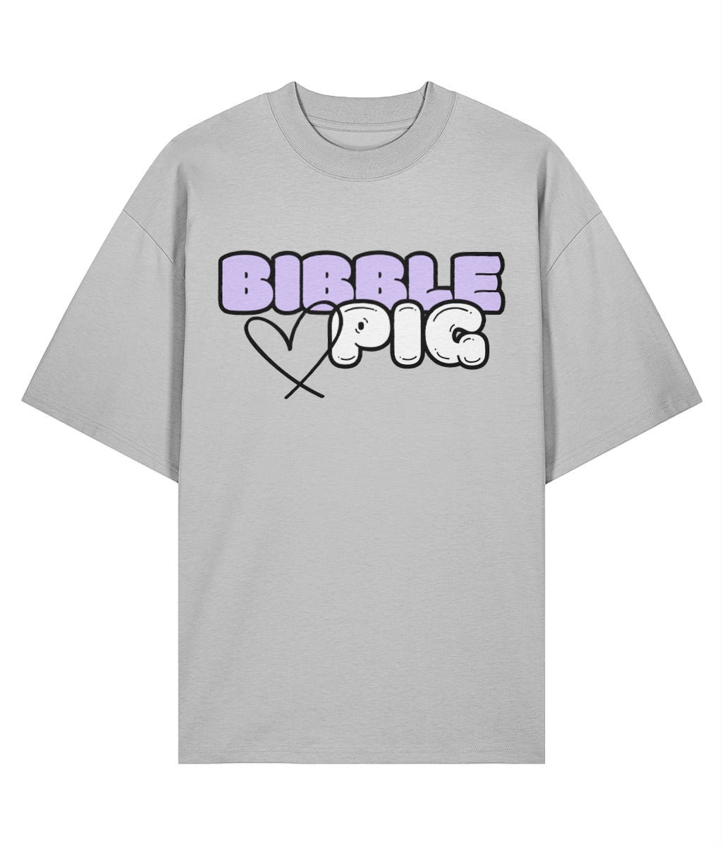 Flat lay view our a grey oversized organic t-shirt with large Lavender Bibble Pig Bold Logo and cute heart design.