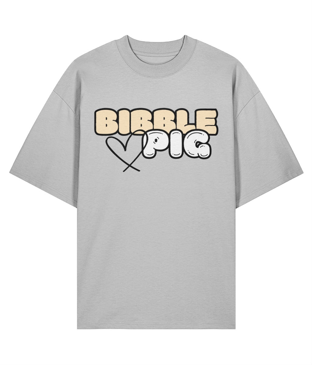 Flat lay view our a grey oversized organic t-shirt with our Vanilla Bibble Pig Bold Logo and cute heart design.