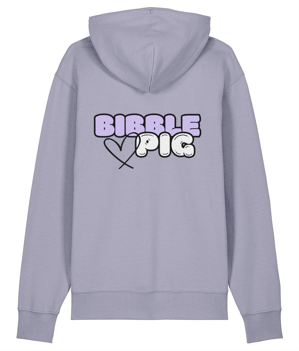 Back view of a lilac oversized organic hoodie with our Lavender Bibble Pig Bold Logo and cute heart design.  