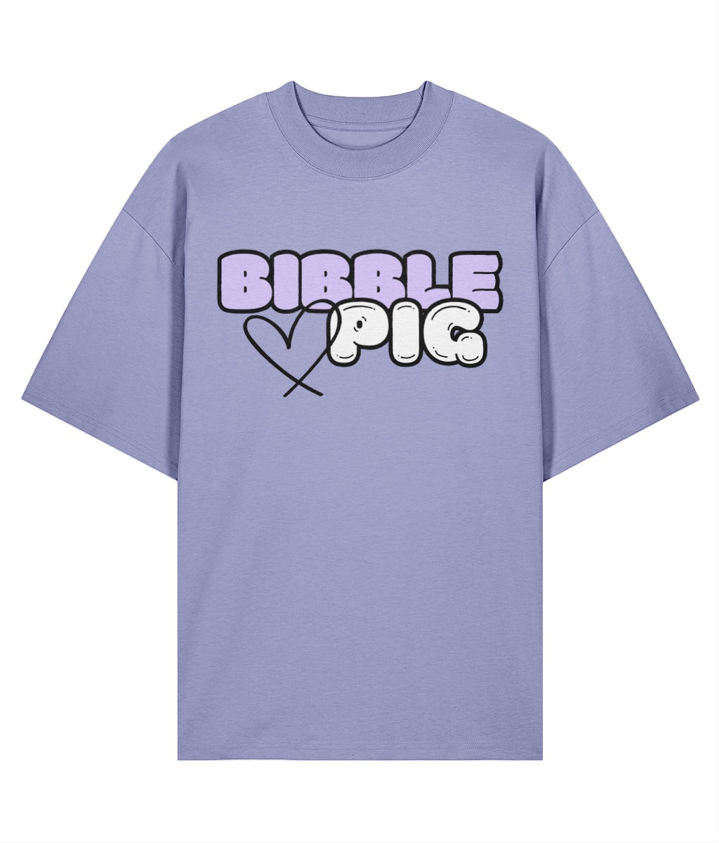 Flat lay view our a violet oversized organic t-shirt with large Lavender Bibble Pig Bold Logo and cute heart design.