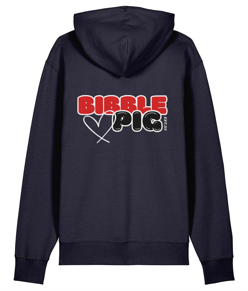 Back view of a navy oversized organic hoodie with our Cherry Red and Black Bibble Pig Bold Logo and cute heart design.  