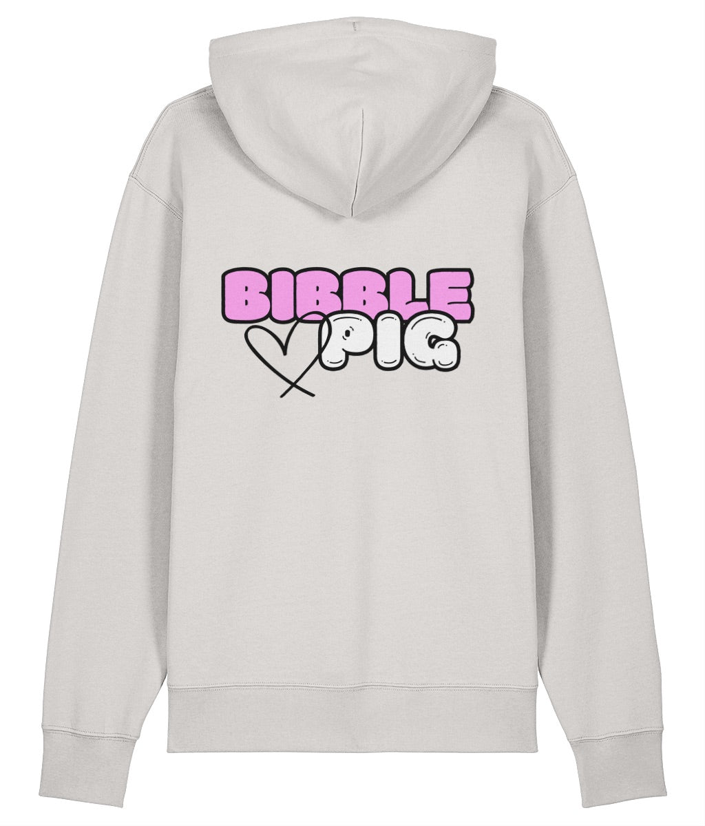 Back view an off white oversized organic hoodie with our Bubblegum Bibble Pig Bold Logo and cute heart design.    