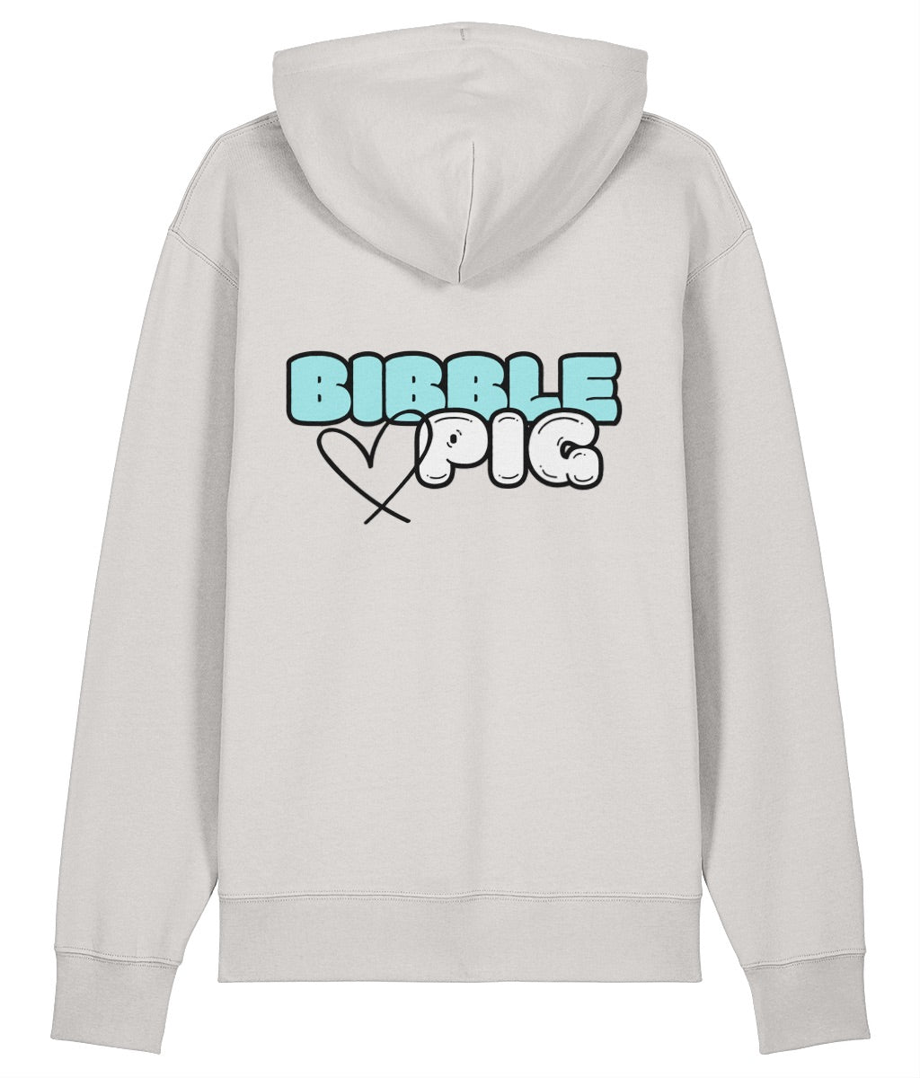 Back view an off-white oversized organic hoodie with our Pastel Blue Bibble Pig Bold Logo and cute heart design.  