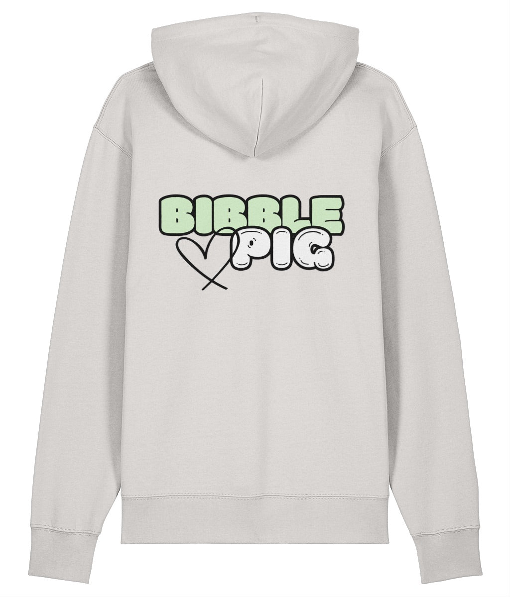 Back view of an off white oversized organic hoodie with our Pastel Green Bibble Pig Bold Logo and cute heart design.  