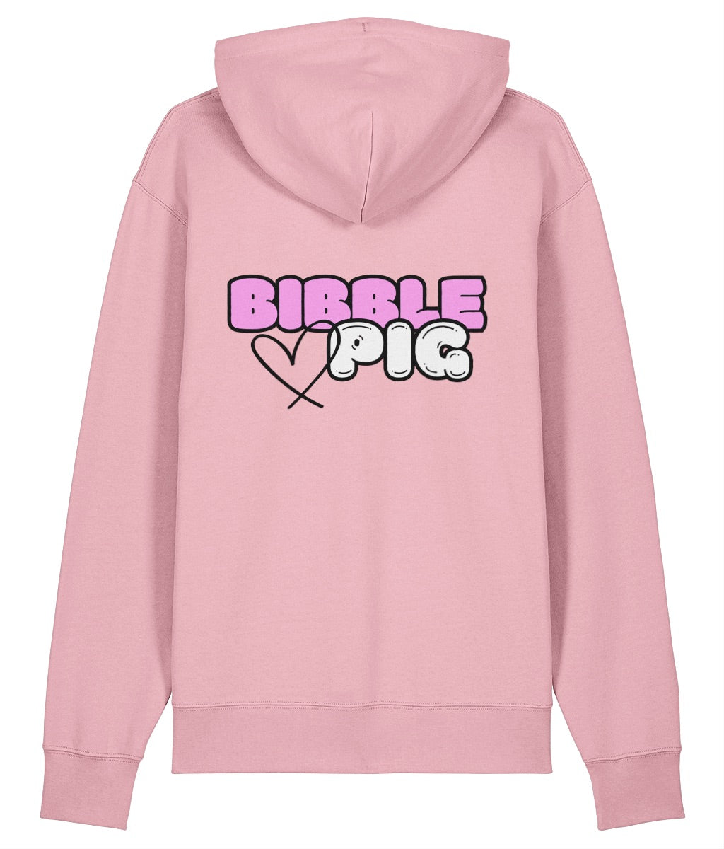 Back view a pink oversized organic hoodie with our Bubblegum Bibble Pig Bold Logo and cute heart design.    