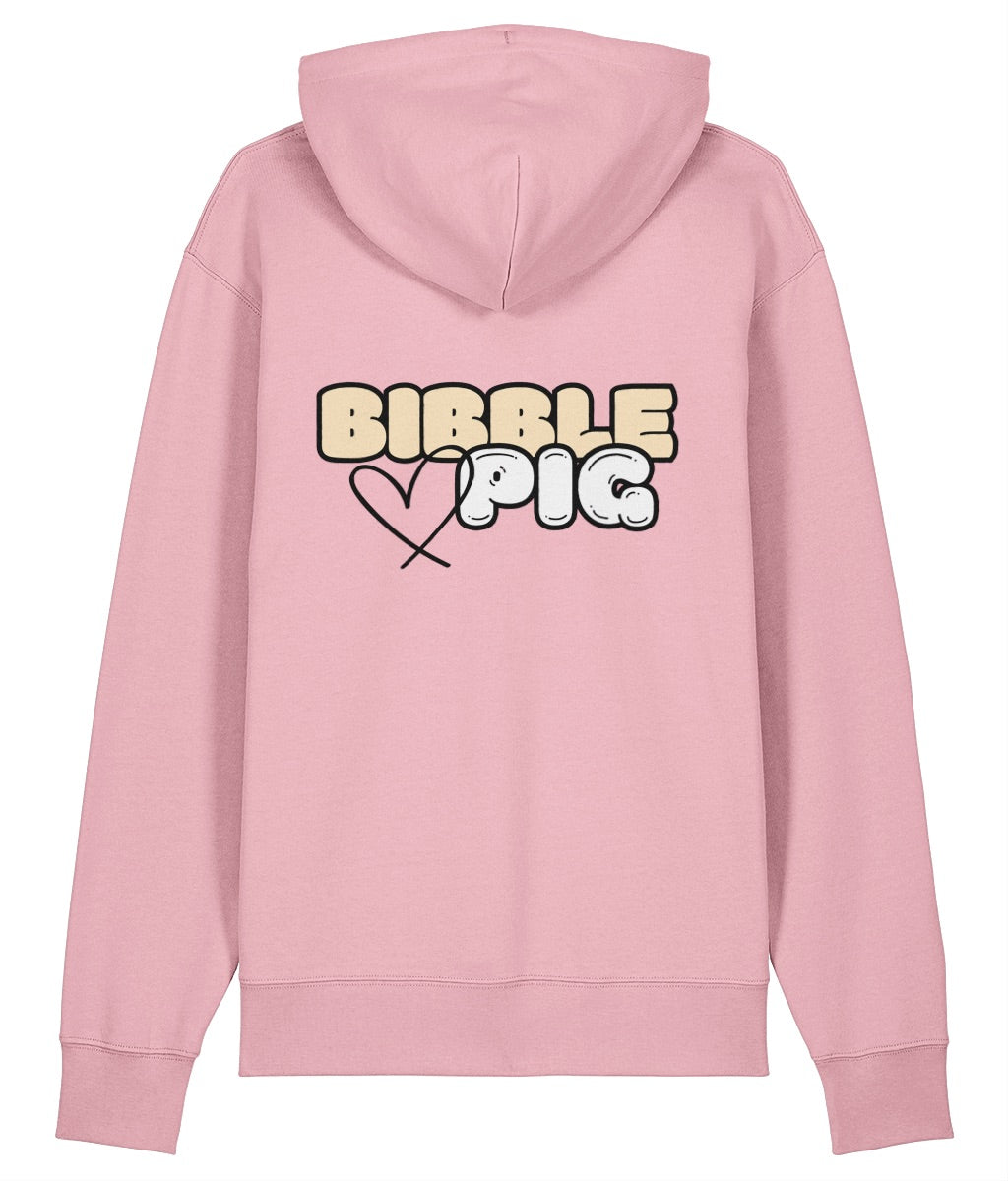 Back view of a pink oversized organic hoodie with our Vanilla Bibble Pig Bold Logo and cute heart design.  