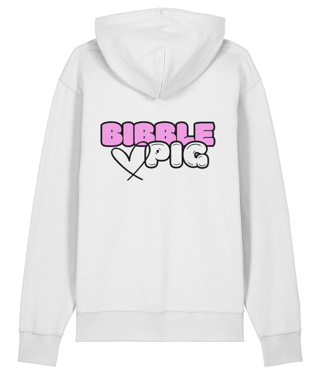 Back view a white oversized organic hoodie with our Bubblegum Bibble Pig Bold Logo and cute heart design.    