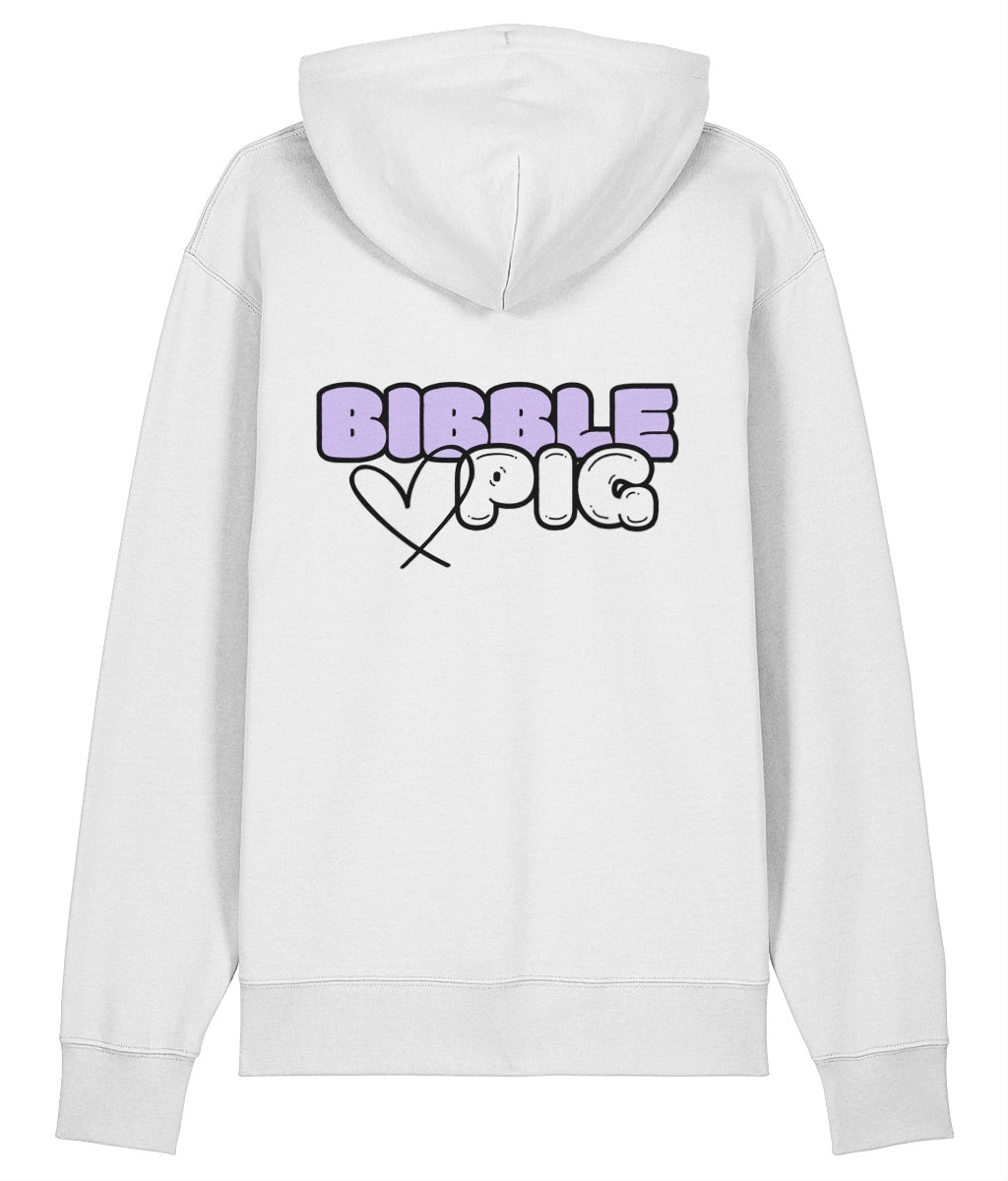 Back view of a white oversized organic hoodie with our Lavender Bibble Pig Bold Logo and cute heart design.  