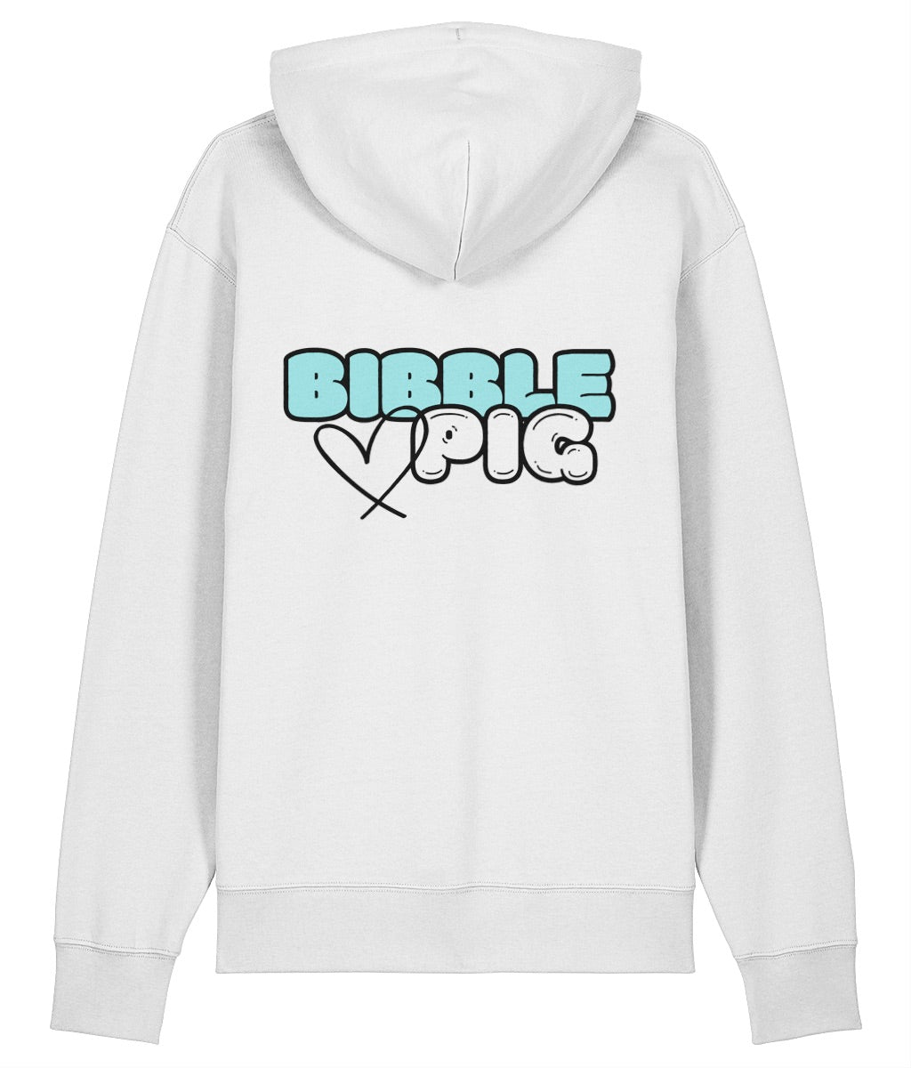 Back view a white oversized organic hoodie with our Pastel Blue Bibble Pig Bold Logo and cute heart design.  