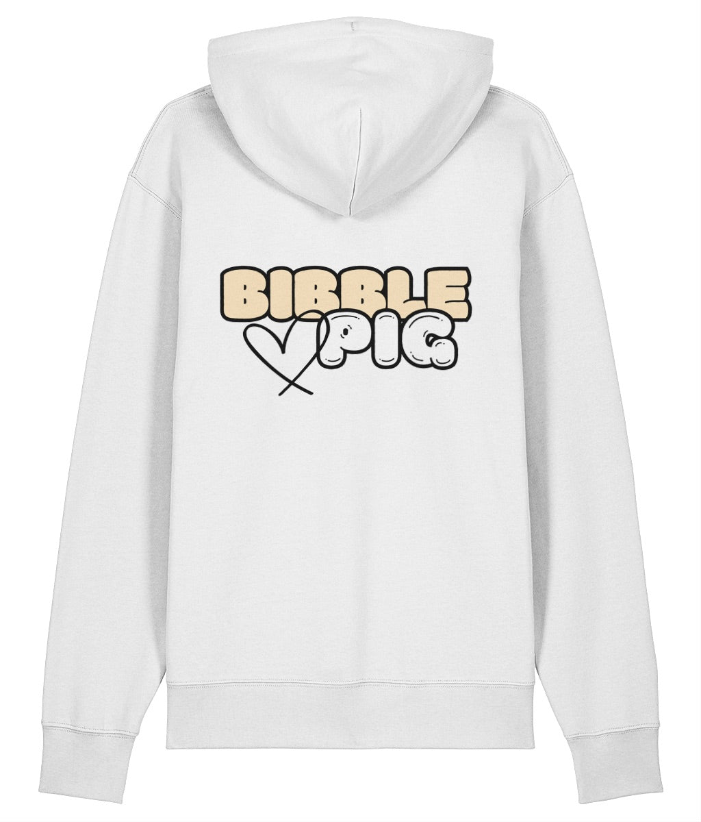 Back view of a white oversized organic hoodie with our Vanilla Bibble Pig Bold Logo and cute heart design.  
