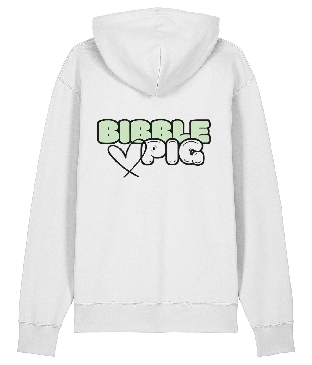 Back view of a white oversized organic hoodie with our Pastel Green Bibble Pig Bold Logo and cute heart design.  