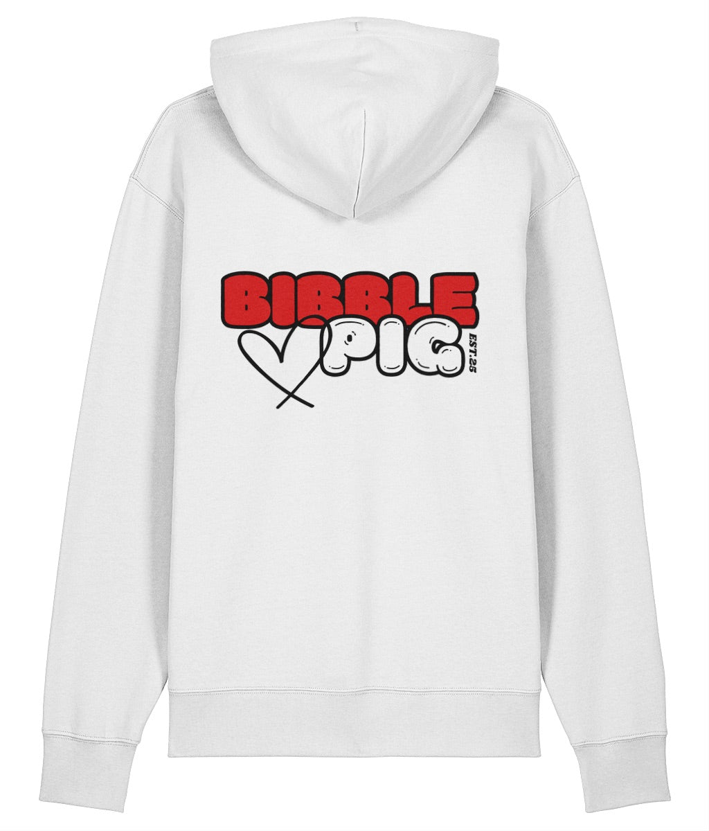 Back view of a white oversized organic hoodie with our Cherry Red and White Bibble Pig Bold Logo and cute heart design. 