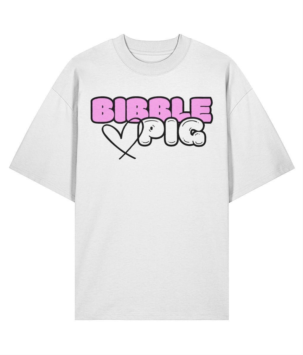 Bibble Pig oversized organic cotton t shirt with bubblegum pink logo, sustainable streetwear UK.