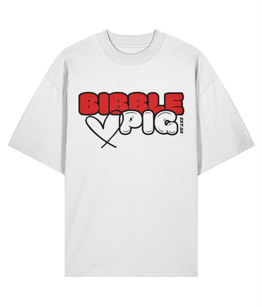 Front view a white oversized organic t-shirt with our Cherry Red and White Bibble Pig Bold Logo and cute heart design.   