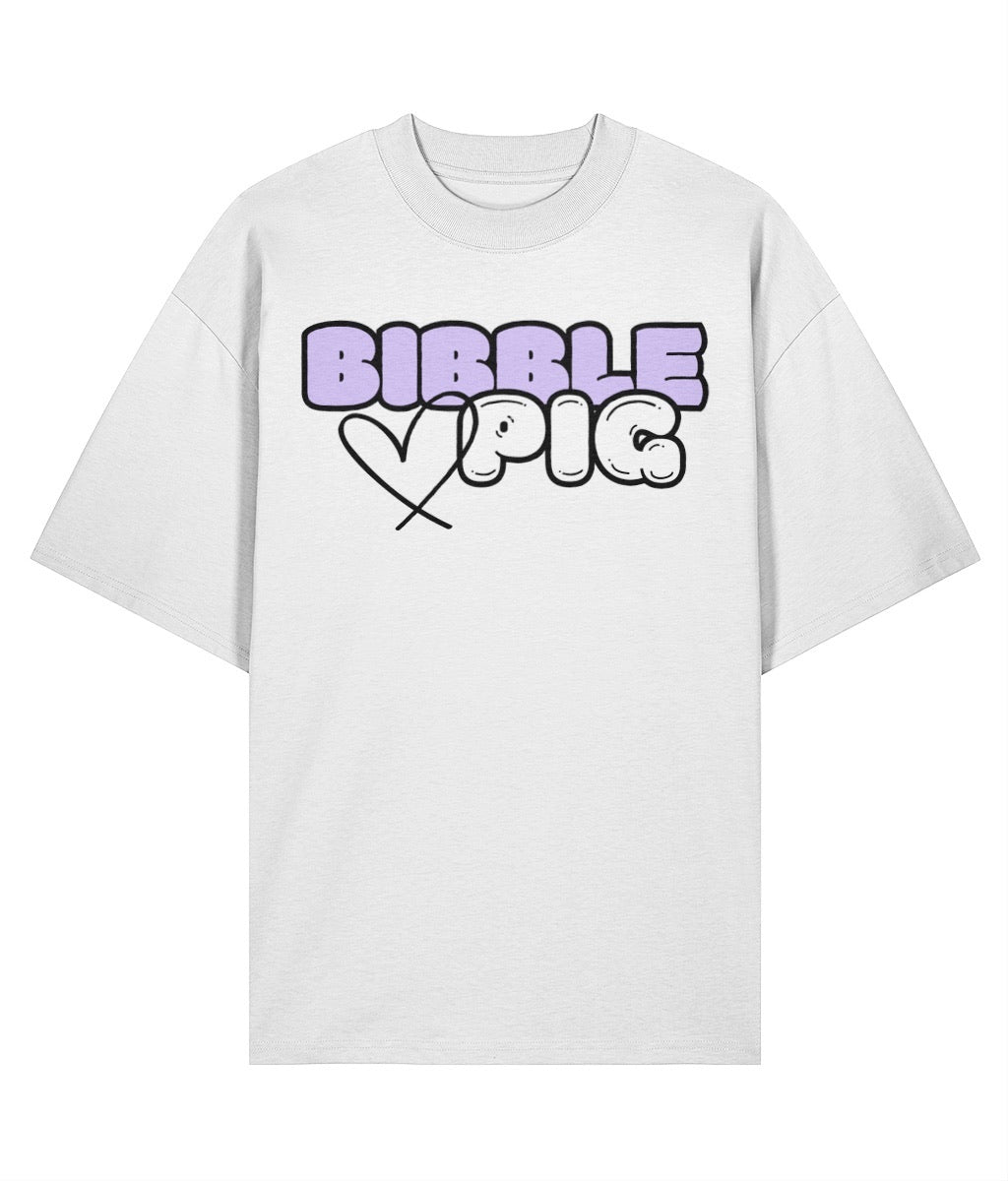 Flat lay view our a white oversized organic t-shirt with large Lavender Bibble Pig Bold Logo and cute heart design.