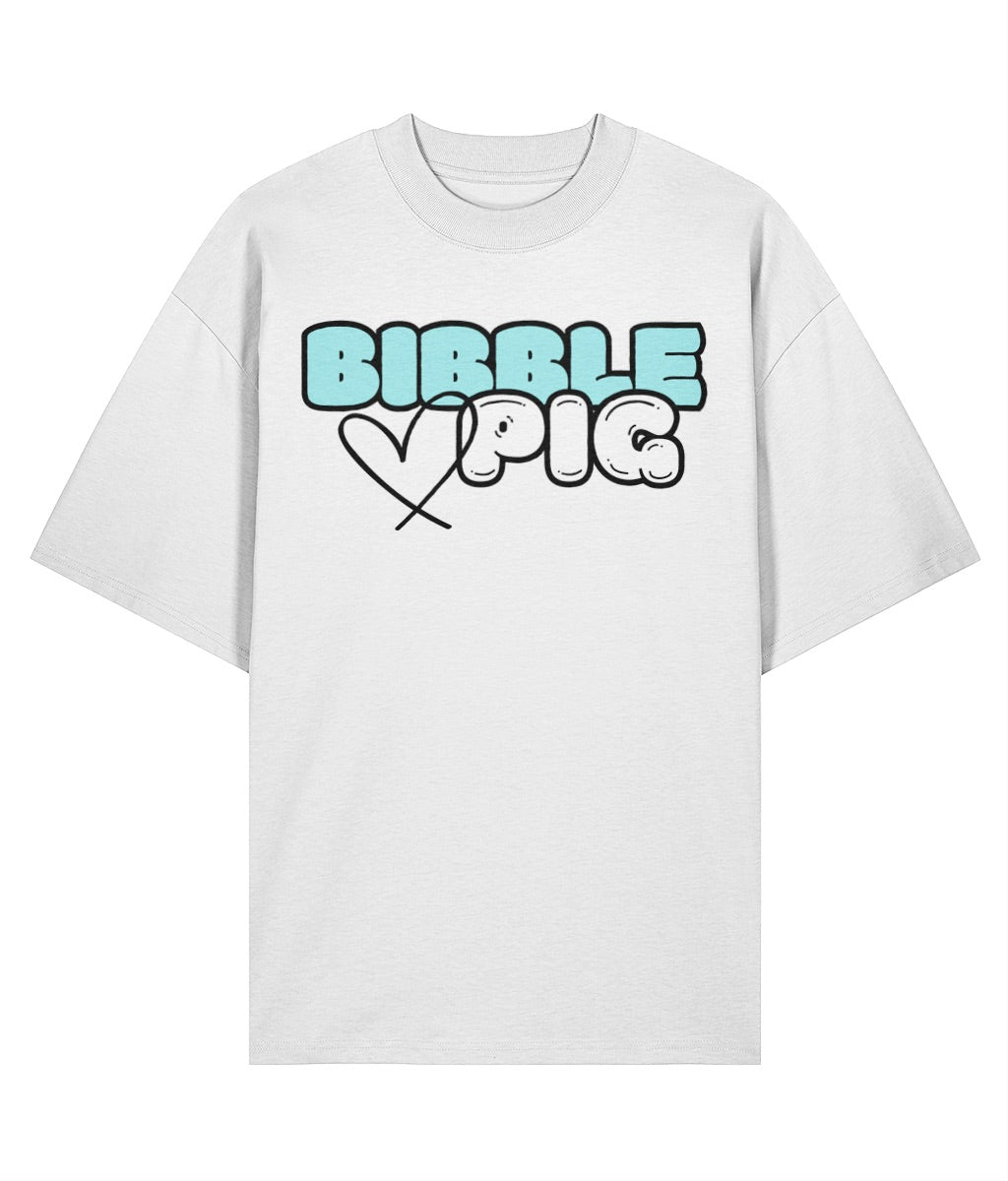Bibble Pig oversized organic cotton t shirt with Pastel Blue logo, sustainable streetwear UK.