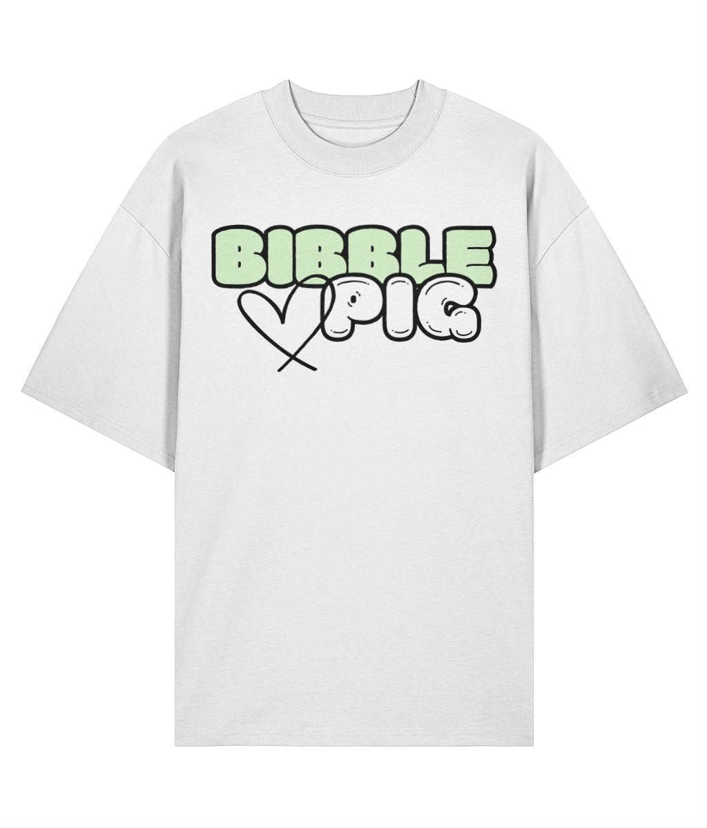 Flat view of the Bibble Pig oversized organic cotton t shirt with pastel green logo, sustainable streetwear UK.
