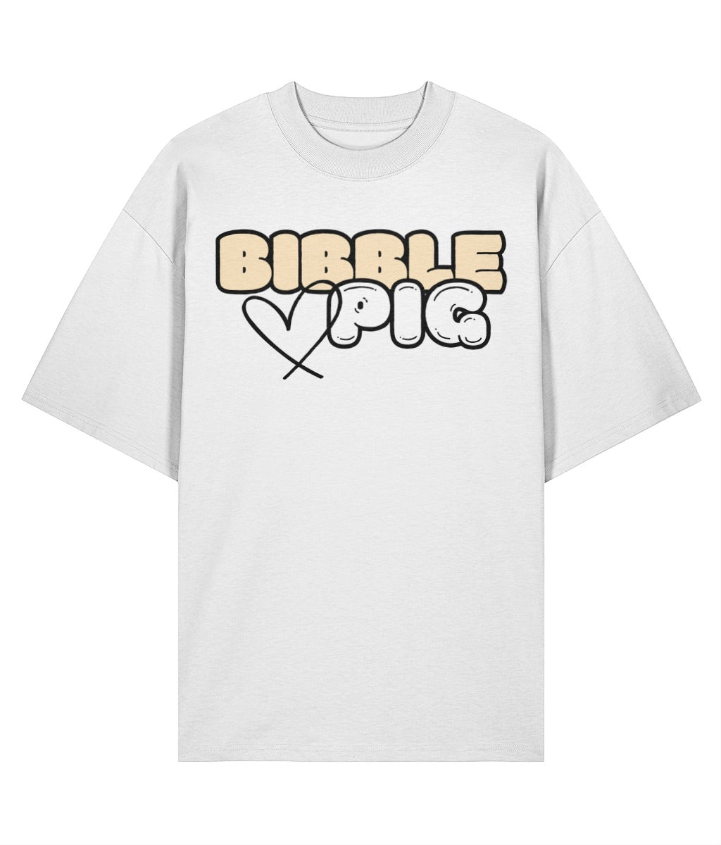 Flat lay view our a white oversized organic t-shirt with our Vanilla Bibble Pig Bold Logo and cute heart design.