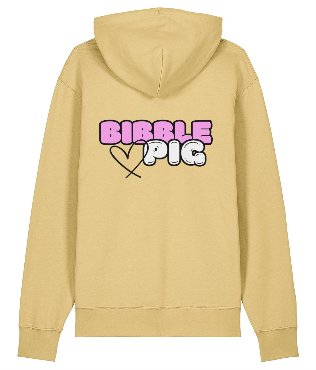 Back view a yellow oversized organic hoodie with our Bubblegum Bibble Pig Bold Logo and cute heart design.    