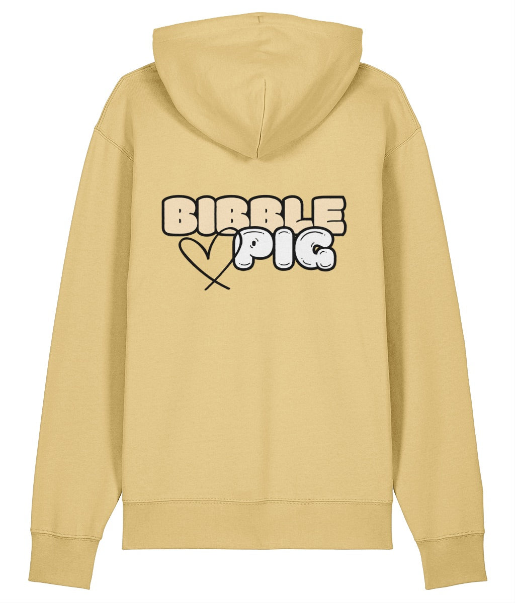 Back view of a yellow oversized organic hoodie with our Vanilla Bibble Pig Bold Logo and cute heart design.  