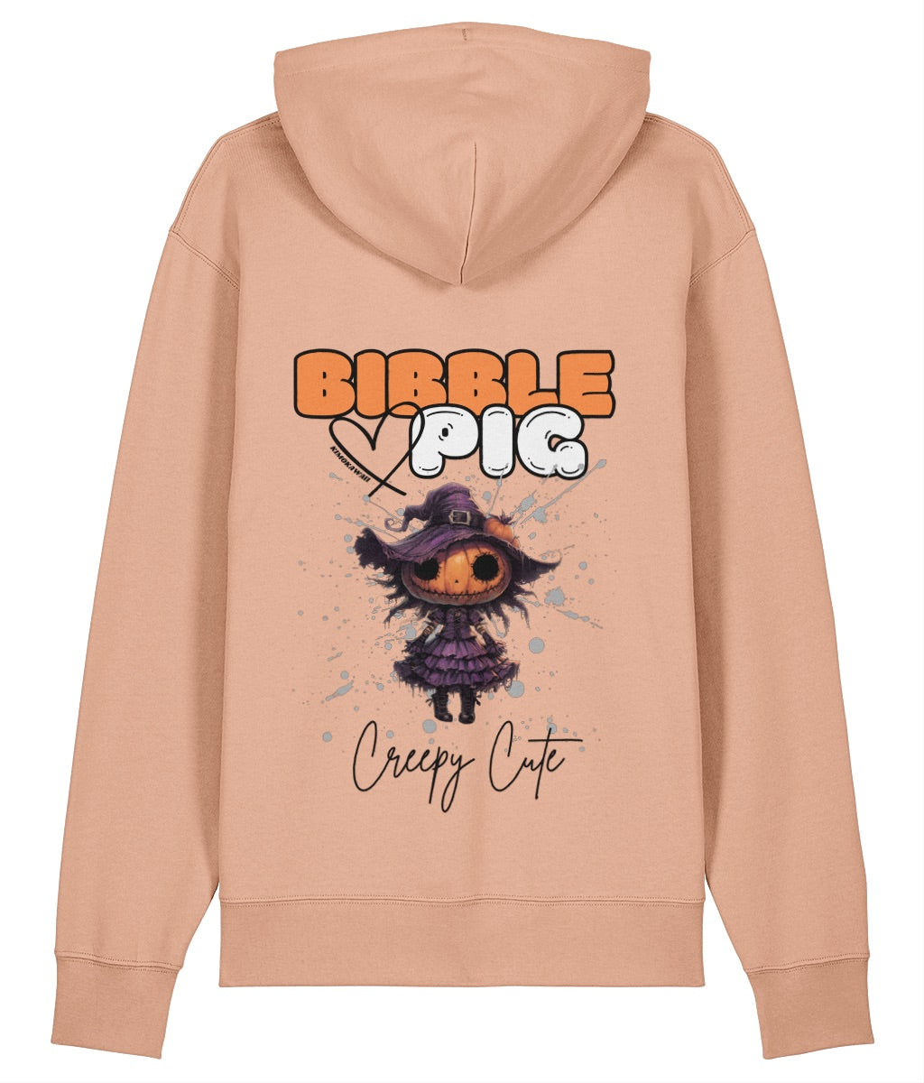 Back view of a peach oversized organic hoodie with our Bibble Pig Signature Bold Logo and Creepy Cute Pumpkin Willow Doll Graphic. 