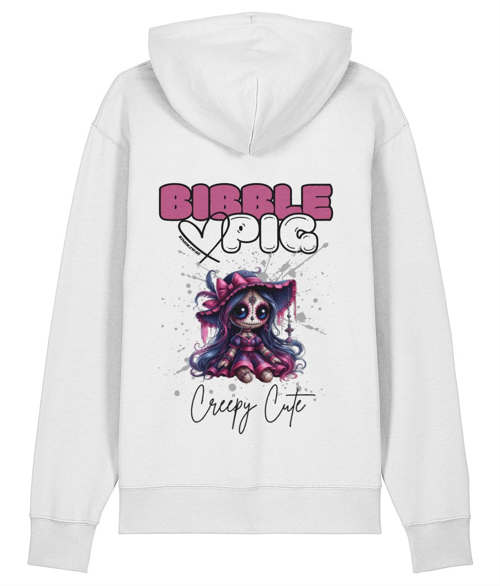 Back view of a white oversized organic hoodie with our Bibble Pig Signature Bold Logo and Creepy Cute Hexberry Doll Graphic.