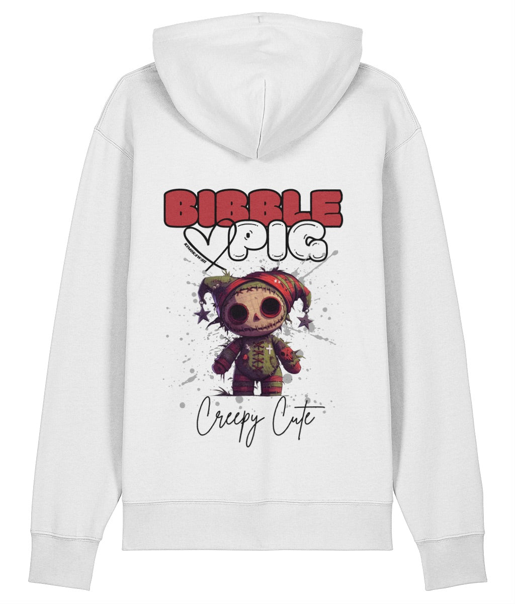 White organic hoodie with a voodoo style doll graphic and large Bibble Pig Logo and large heart.