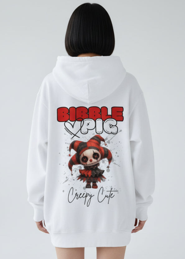 Back view of a white oversized organic hoodie with our Bibble Pig Signature Bold Logo and Creepy Cute Luna Jester Doll Graphic.  