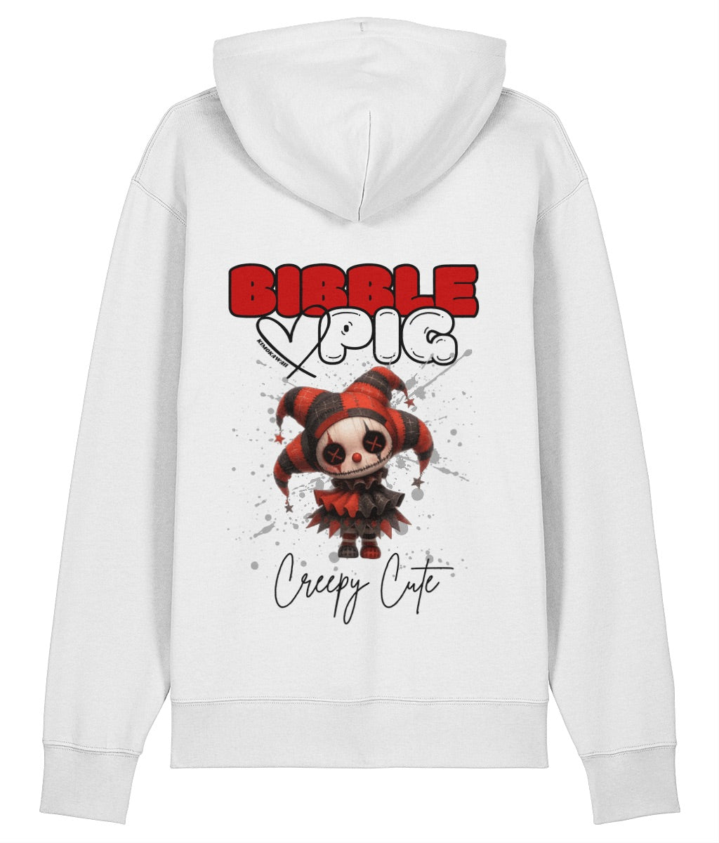 Back view of a white oversized organic hoodie with our Bibble Pig Signature Bold Logo and Creepy Cute Luna Jester Doll Graphic.  